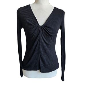 A.L.C Size XS Solid Black Cinch‎ V Neck Long Sleeve Stretchy Ribbed Casual Shirt